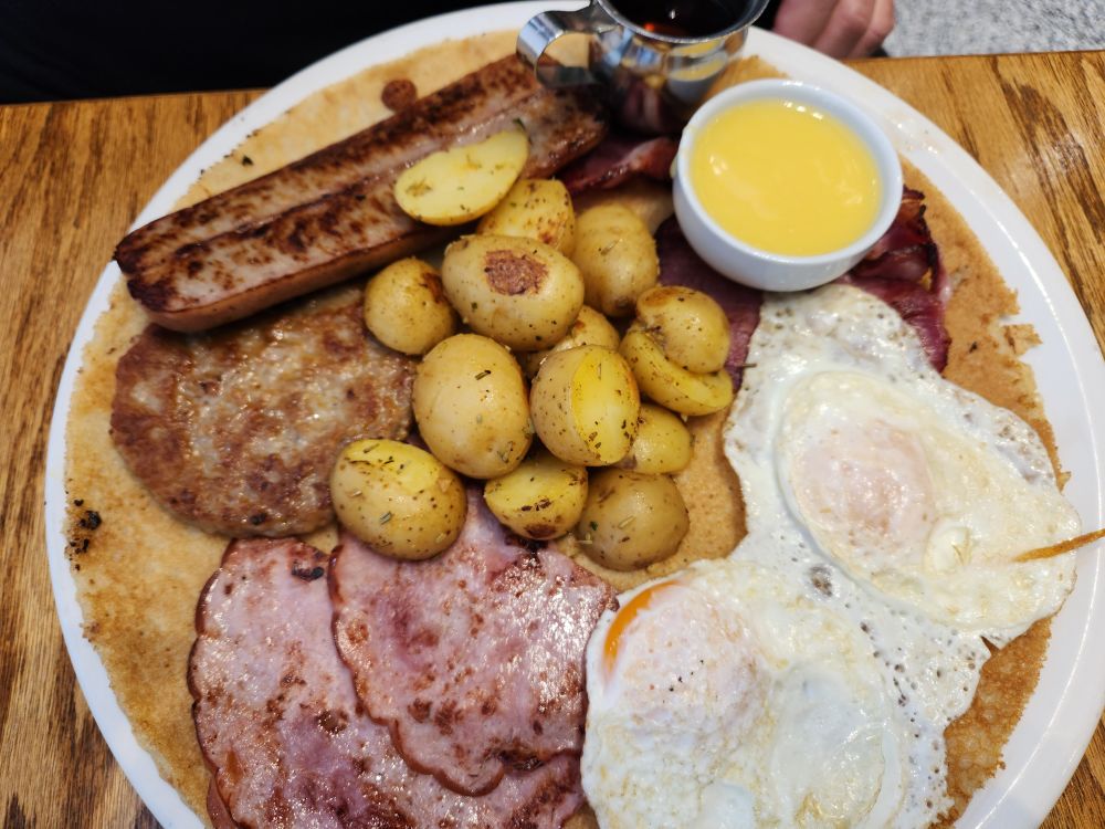Hearty breakfast in a plate. 