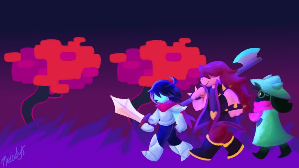Digital painting depicting the Deltarune characters: Kris, Susie and Ralsei walking along a purple field, decorated with blocky red trees (these elements are from the first explorable area in Chapter 1).