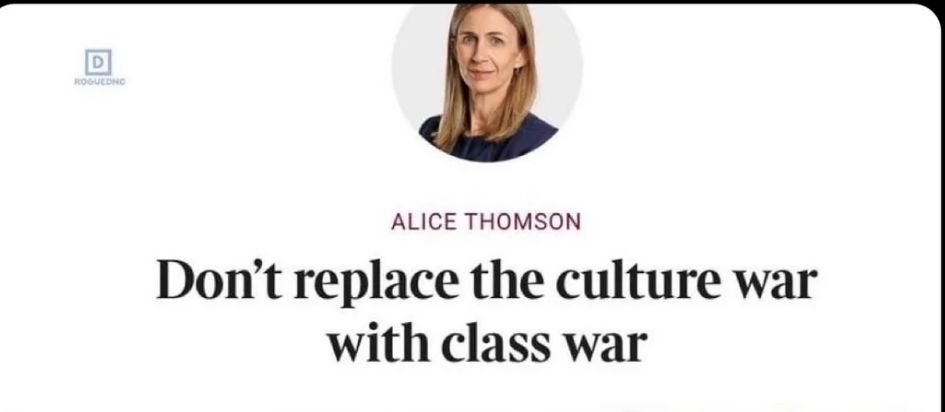 Screenshot of an article by Alice Thomson and the tile Don't replace the culture war with class war