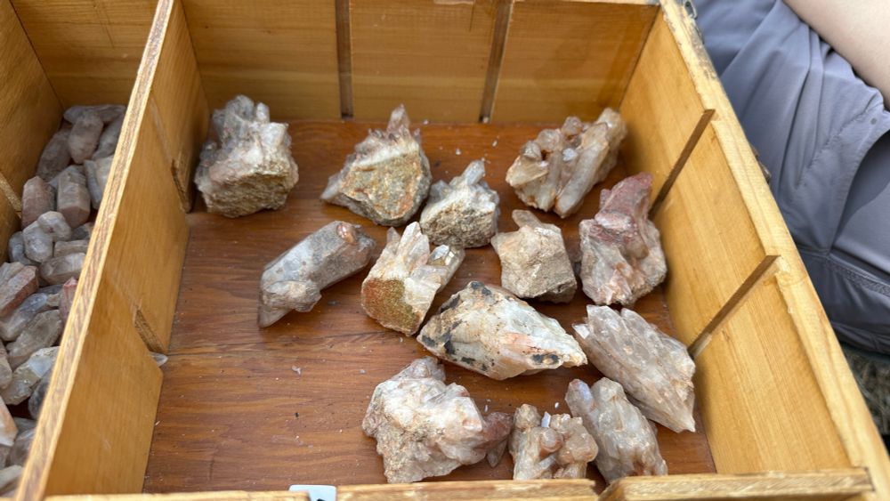 quartz crystals in a wooden box 
