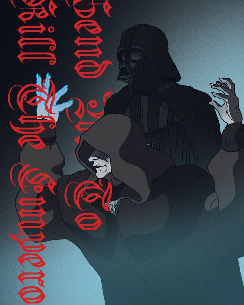 Cover of "Send Me To Kill The Emperor: A Revenge Of The Sith Zine." The title, in a gothic font, is interwoven into an image of Darth Sidious and Vader standing in a darkness illuminated by mist. Sidious's hands reach upwards, and one of them is charged with Force lightning. The bones in his withered hand are visible.
