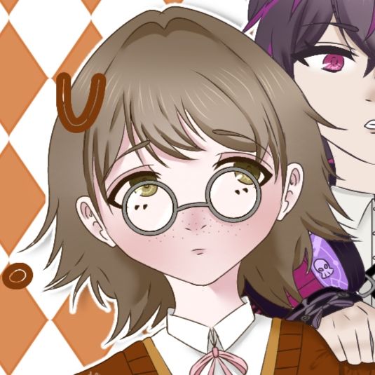 Self-made art depicting my Fragaria OC, Usagi! They have light brown hair, hazel irises and rosy skin. Their face is constellated by freckles and they wear a silver pair of round glasses. It is shown a part of their attire, consisting of a white blouse adorned by a pink bow, a beige vest on it and a maroon cardigan.