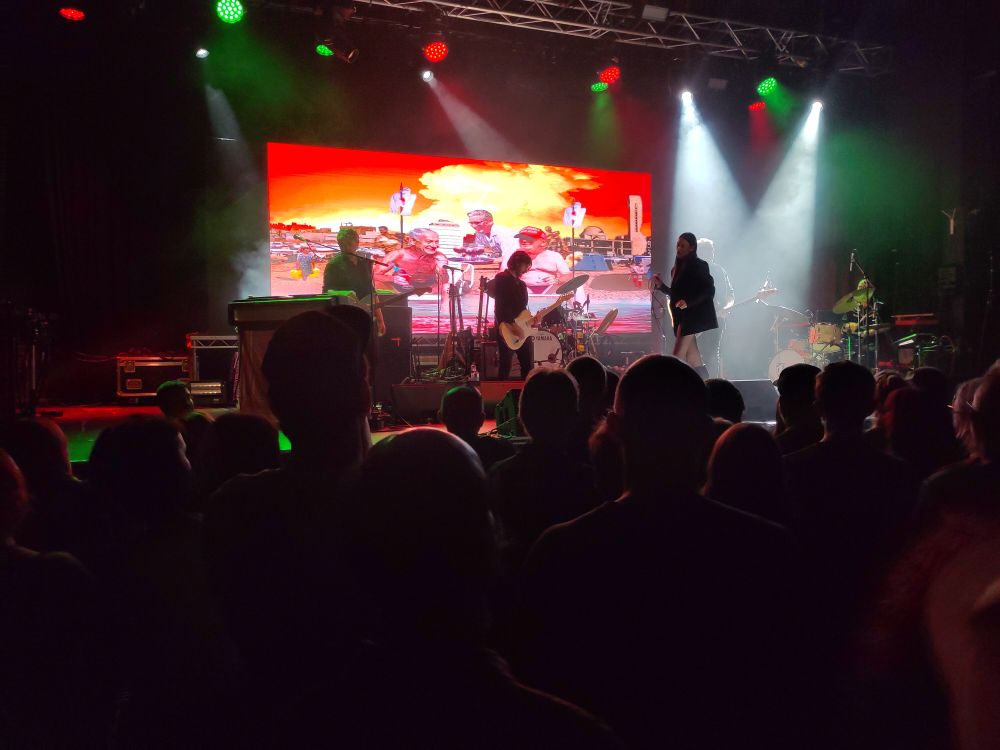 Nadine Shah on stage with an image by Cold War Steve protected behind the band.