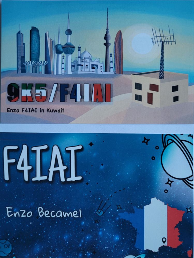 Qsl cards (post cards) to confirm hamradio contact from 9K5/F4IAI (french operator from Kuwait).