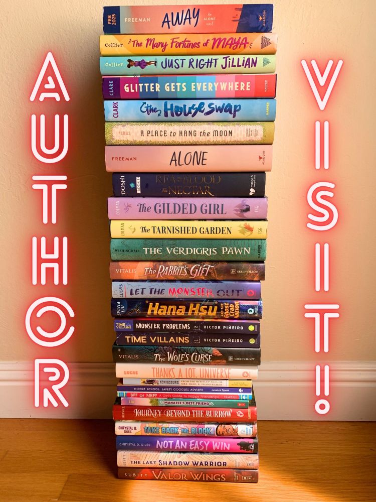 Books by Middle Grade Authorcade authors stand in a stack, with the words Author Visit! running vertically alongside the stack.