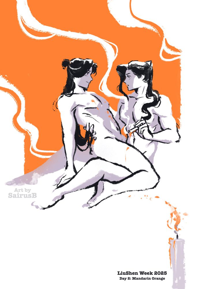 This shows naked men. Liushen on a contrasting background of orange and white. LQG drips wax on SQQ.