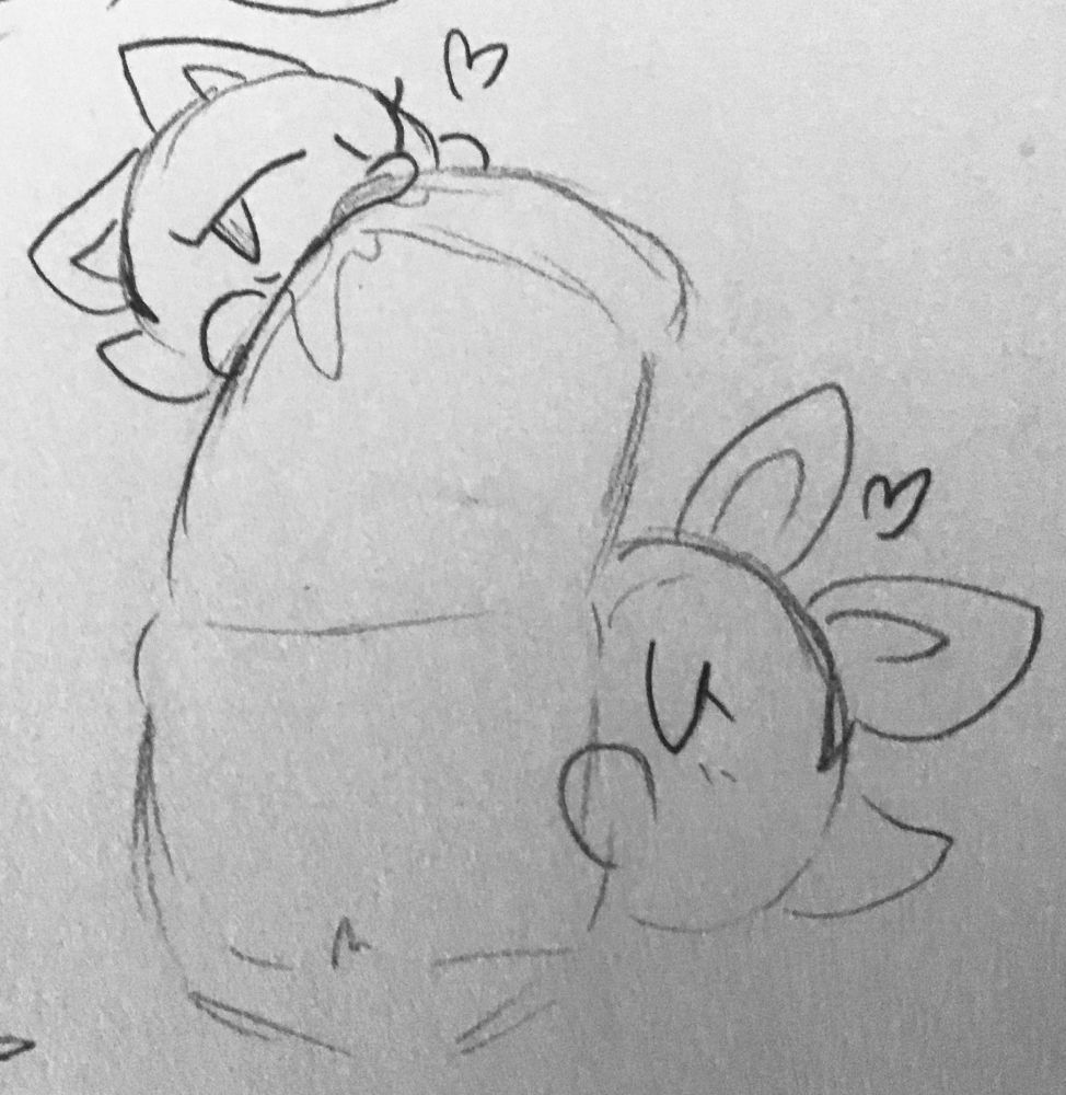 Sketch of Peeka and Lahla from The Thousand Year Door kissing and otherwise worshipping a horsecock (that belongs to my fursona) with little hearts floating around them