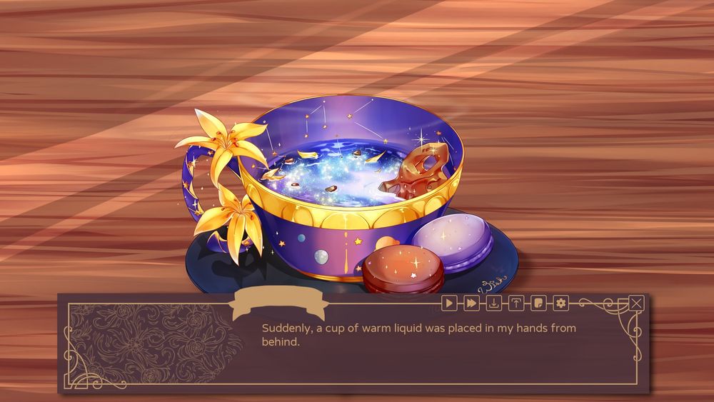 A co-lead short Otome project with Azuremia! Appetite Amor is food fantasy romance between a warrior girl and a cook from another world. The game features sparkly, delicious food CGs like this starry milky way tea with macarons!