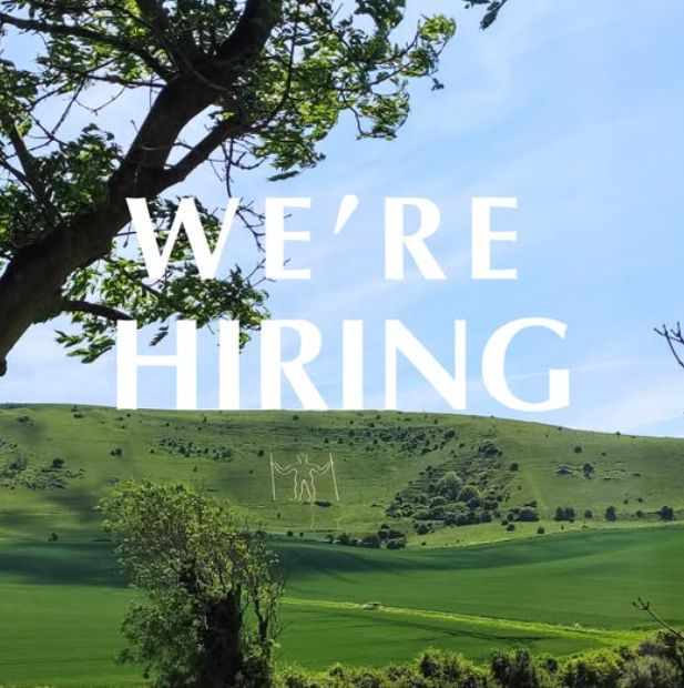 A view of the Long Man of Wilmington hill figure with the words "We're hiring" above. The words are white against the pale blue background of the sky so are barely visible. Seriously... who chose these colours?