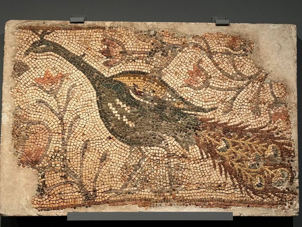 Ignore us. It clearly is a mosaic of a peacock. However, if you squint, it could be a large, long-necked bird like a goose and the peacock tail could be flames shooting from the bird's rear end. 