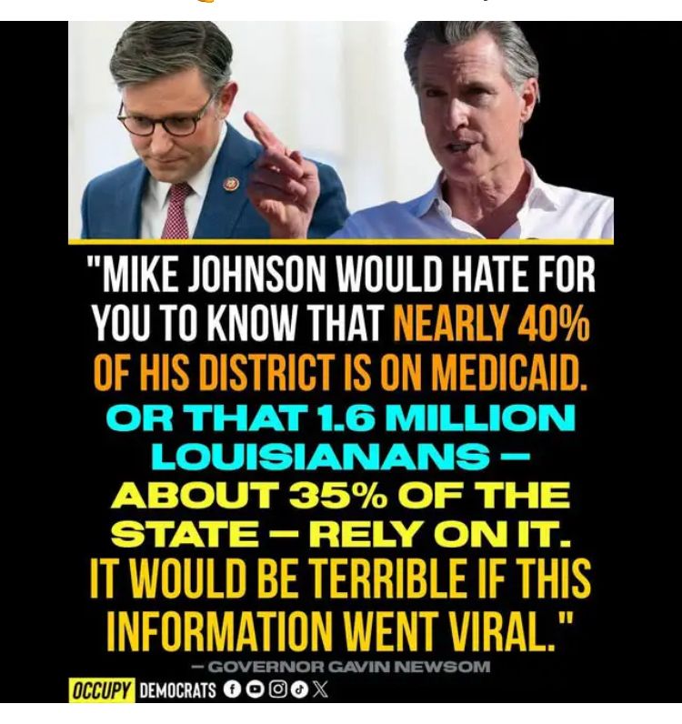 Picture of Speaker Mike Johnson, head bowed.
Caption: Mike Johnsone would hate for you to know that nearly 40% of his district in Louisiana is on Medicaid. 
Or that 1.6 million of Louisianans, that’s about 30% of the state, rely on it. 
It would be awful if this info went viral. 