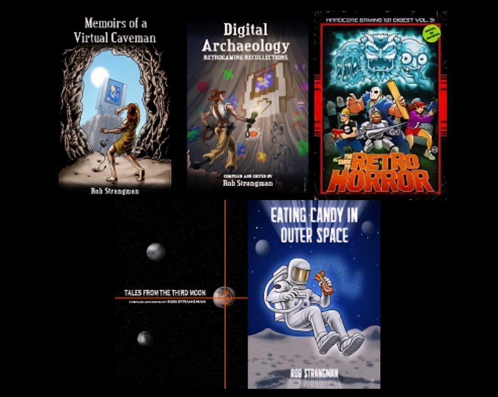 The books I've authored, co-authored, or compiled & edited (clockwise from top left: Memoirs of a Virtual Caveman: The Final Edition, Digital Archaeology, The Guide To Retro Horror [with Kurt Kalata], Eating Candy In Outer Space, and Tales From The Third Moon). Learn more about all five of them here: https://zerosignal.kontek.net/books-dark.html