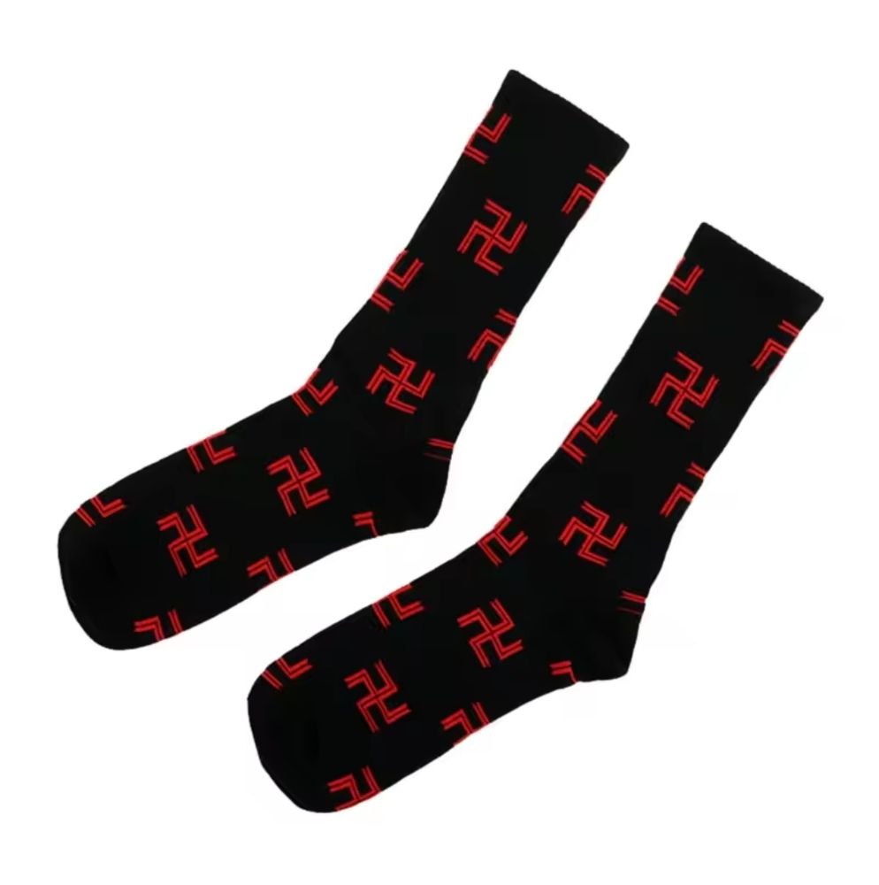 socks with red swastika print on them