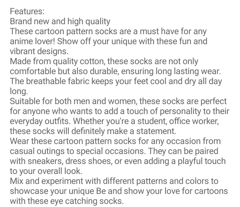 text describing in bad English 'cartoon pattern socks for anime lovers'