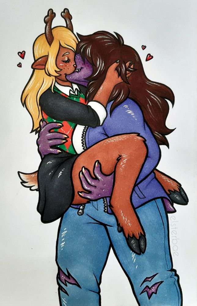 A traditional drawing of Susie and Noelle from Deltarune. Susie is carrying Noelle while they are kissing.