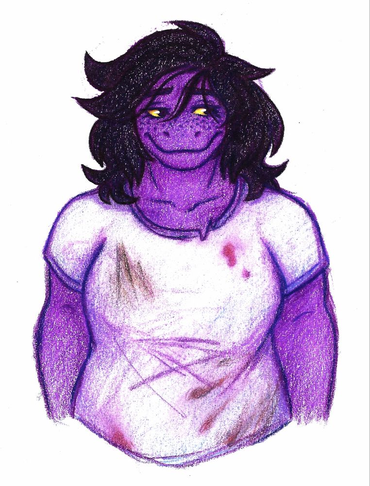 A traditional drawing of Susie from Deltarune. It shows her from the waist up, wearing a white shirt with stains on it.