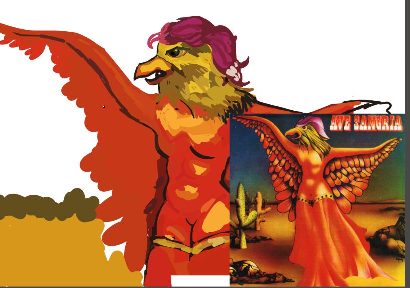 ALT: desenho digital da capa do álbum ave sangria (mesmo nome da banda) 

um bicho com cabeça de ave, asas com penas e corpo de pessoa no meio de um deserto/cerrado com uns cacto e umas pedra