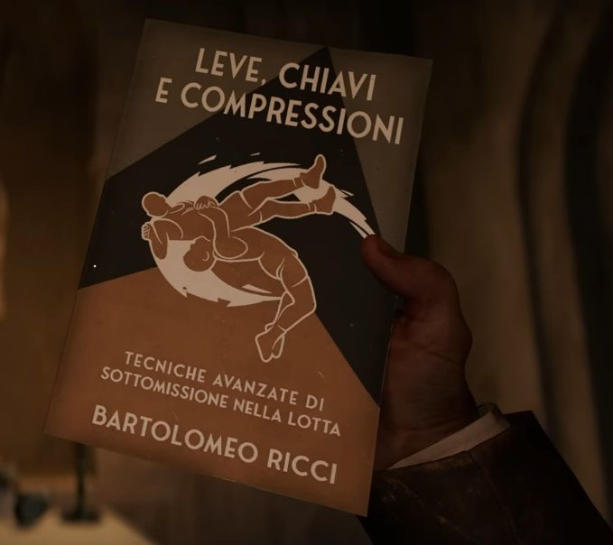 Indiana Jones holding up a copy of Bartolomeo Ricci's book "Leve, Chiavi e Compressioni: Technique Avanzate di Sottomissione Nella Lotta" in Indiana Jones and the Great Circle

The book is a guide to wrestling technique.