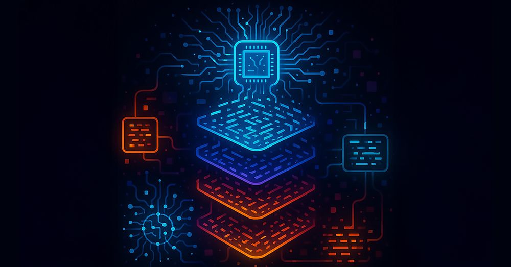 Stylized digital illustration of a multi-layered circuit board. A glowing blue microchip sits at the top center, with intricate circuitry radiating outward. Beneath it, four stacked layers transition in color from blue to orange, each featuring circuit-like patterns. Smaller rectangular and circular components are connected around the layers, all set against a dark background with scattered geometric shapes. 