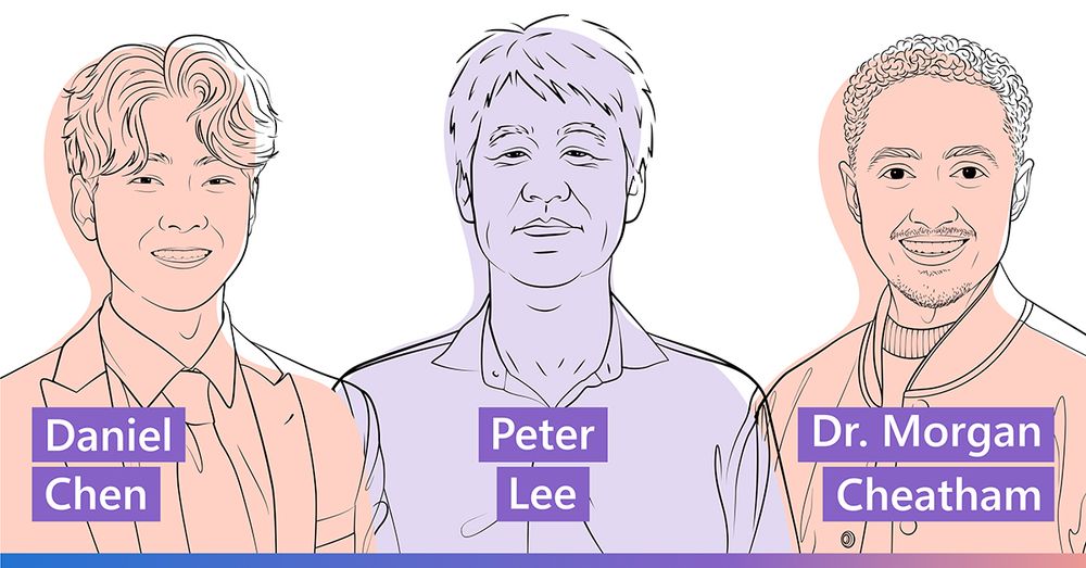 Illustrated headshots of Peter Lee, Dr. Morgan Cheatham & Daniel Chen. The AI Revolution in Medicine, Revisited runs along the bottom of the graphic.