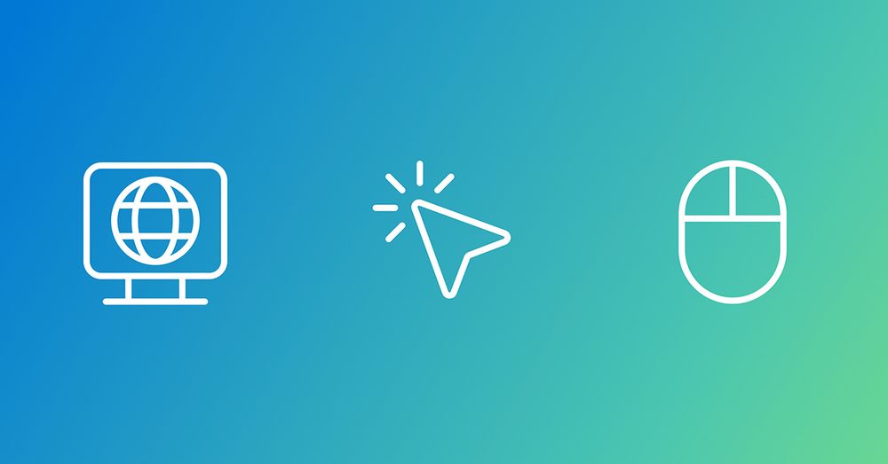 Three white line icons on a blue-to-green gradient background: a computer monitor with a globe symbol on the left, a cursor arrow with click lines in the center, and a computer mouse outline on the right.