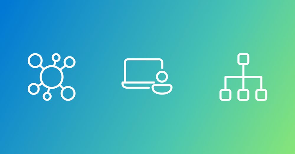 The image features three white icons on a gradient background transitioning from blue on the left to green on the right. The first icon, located on the left, depicts a network or molecular structure with interconnected circles. The middle icon shows a laptop with an attached mouse. The third icon, on the right, represents a hierarchical organizational chart with connected squares.