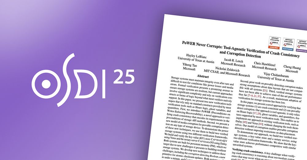 A promotional image for OSDI 2025 featuring a purple background with the OSDI 25 logo on the left. On the right is a partial view of a research paper titled “PoWER Never Corrupts: Tool-Agnostic Verification of Crash Consistency and Corruption Detection,” authored by researchers from the University of Texas at Austin, Microsoft, and MIT CSAIL.