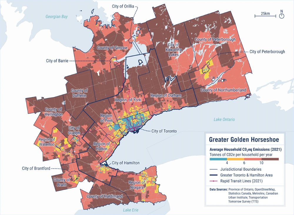 a map of green house emissions per household per year in the greater toronto hamilton area. the dark red parts and the yellow/blue parts line up perfectly with whether an area votes Conservative or Liberal