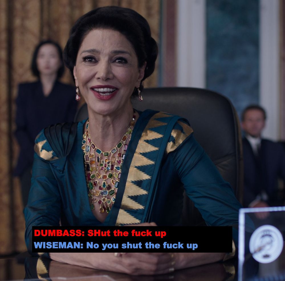red text [representing Martian politician] "DUMBASS: SHut the fuck up"
blue text [representing Avasarala] "WISEMAN: No you shut the fuck up"