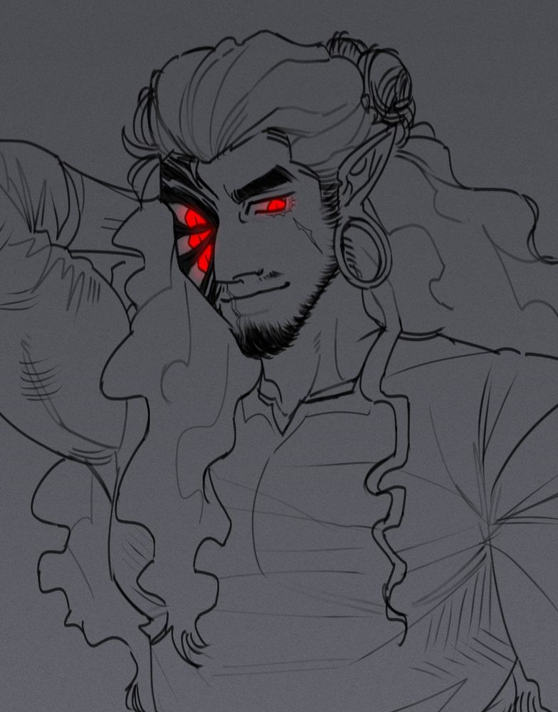 The same male original character in an uncolored, sketched image. His right hand is resting on his neck and he's looking at the camera. There are three monster eyes on the right side of his face.