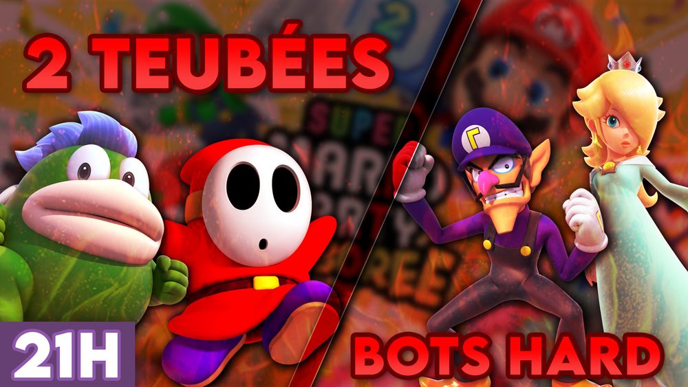 Affiche d'annonce du live TOUT DE SUITE LA MAINTENANT OMG où on essayera de battre des bots difficiles sur Mario Party Jamboree
On voit Maskass, Spike avec écrit "2 Teubées" en face de Waluigi & Harmonie avec écrit "Bots Hard"