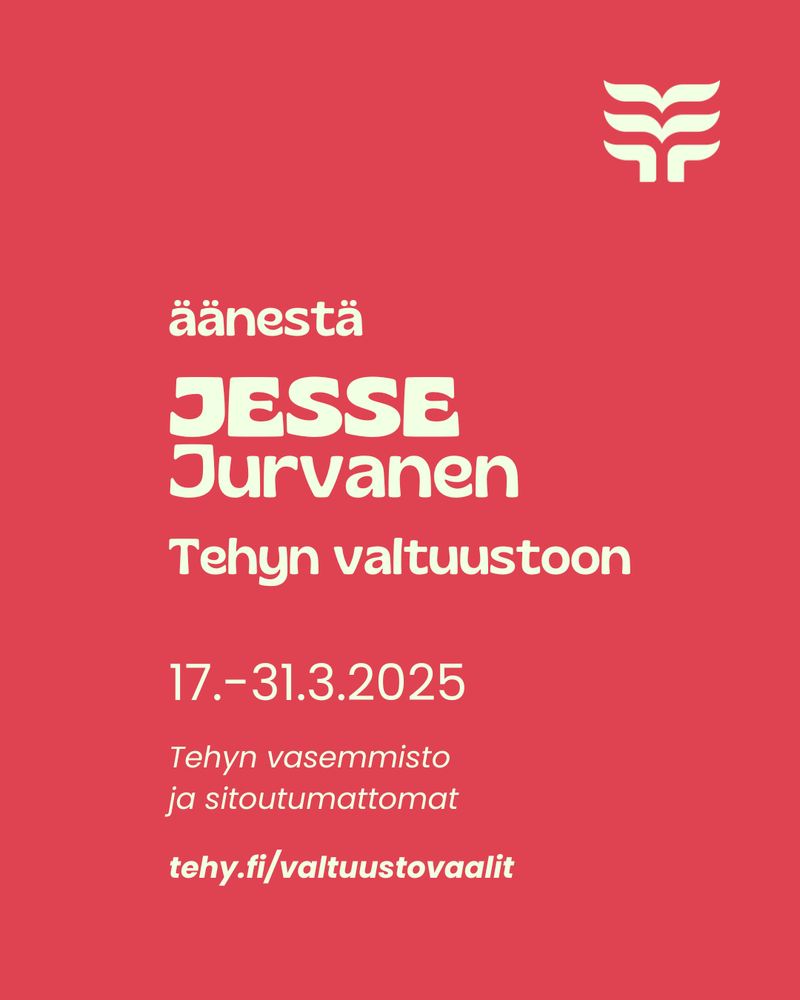 Äänestä Jesse Jurvanen Tehyn valtuustoon. Äänestysaika 17.-31.3.2025. Vaaliliitto Tehyn vasemmisto ja sitoutumattomat. Verkkosivut tehy.fi/valtuustovaalit.
