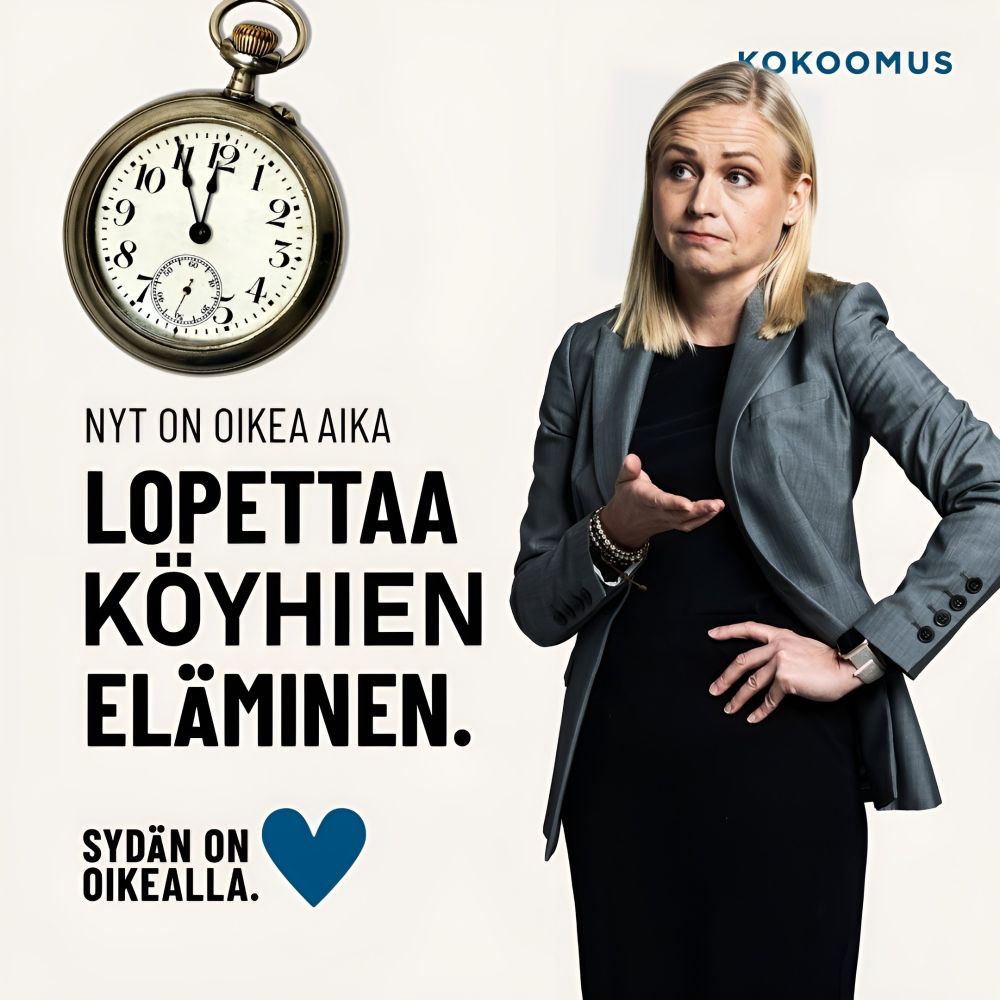 Parodia Kokoomuksen vaalimainoksesta. Kuvassa Kokoomuksen Elina Valtonen katsomassa kohti kelloa, jonka alla teksti "Nyt on oikea aika lopettaa köyhien eläminen. Sydän on oikealla."