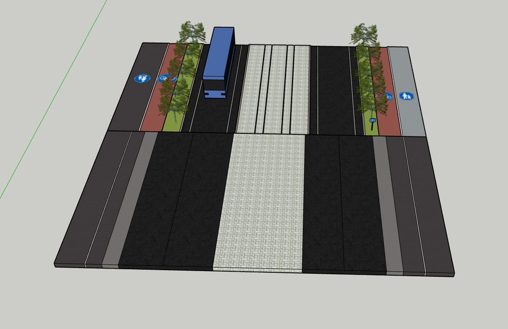 Kuvankaappaus SkechUp-ohjelmassa tehdystä mallista Mannerheimintiestä nykyään ja mahdollisesta tulevaisuuden visiosta. Nykyinen tilankäyttö on huonoa ja autoliikenne vie isoimman osan tilasta. Tulevaisuuden mallissa on kummallakin puolella 2,5 m leveät pyöräväylät, leveät kävelytiet sekä autoille suuntaansa yksi leveä kaista. Raitiovaunut kulkevat keskellä molempaan suuntaan.