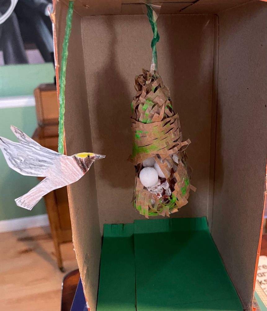 Tissue box cut out with brown and green paper hanging baya weaver bird nest with white eggs inside. Small cut-out drawing of the black, yellow, and gray bird approaches the nest from the left side. 