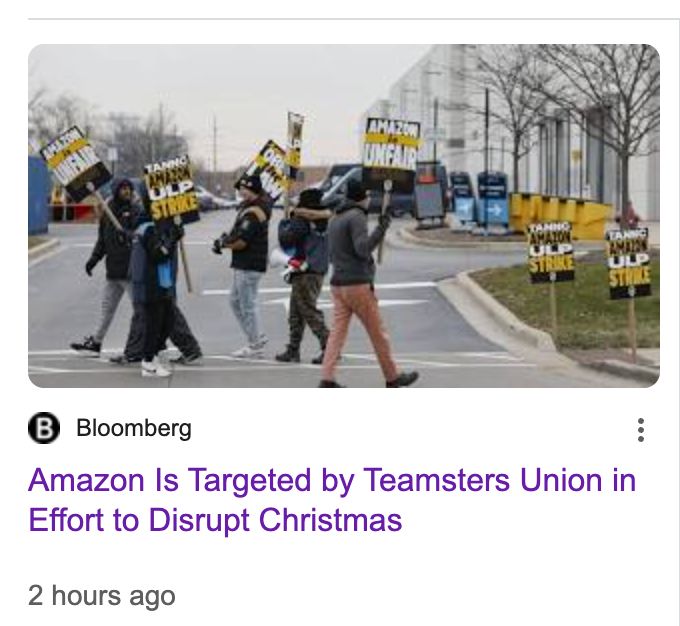 Bloomberg article with headline "Amazon Is Targeted by Teamsters Union in Effort to Disrupt Christmas"