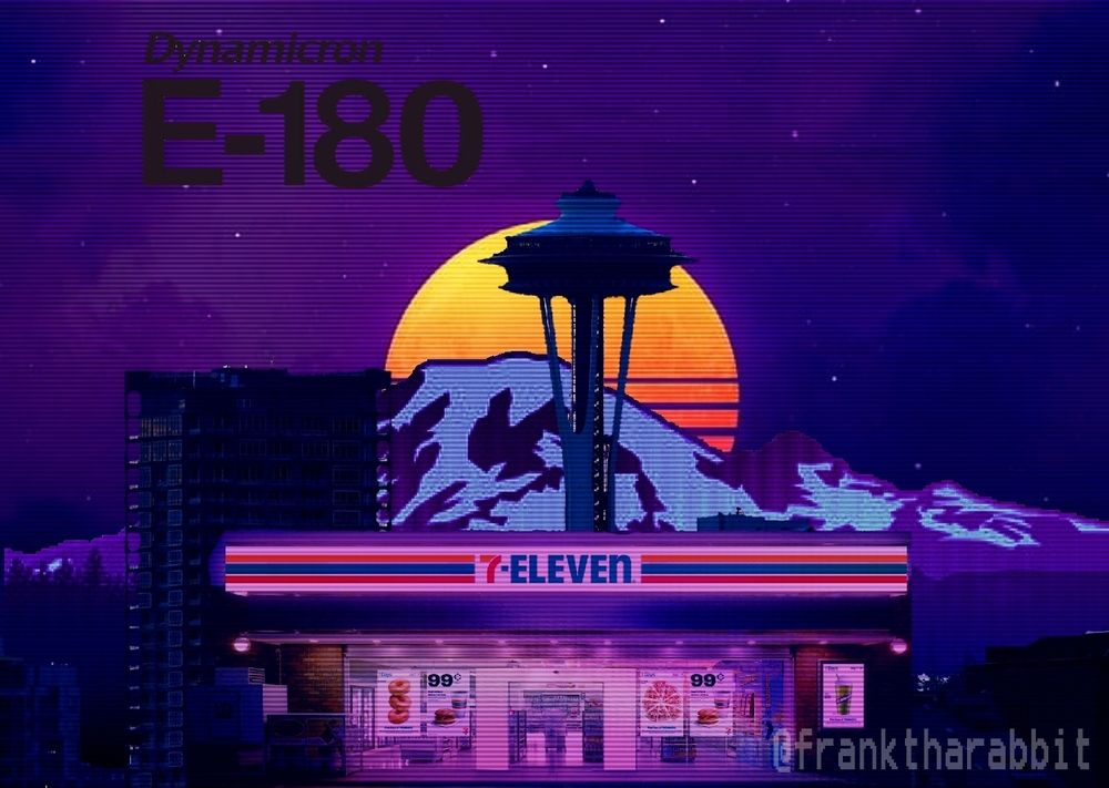 Late night in Seattle at a 711 and cityscape in background 
