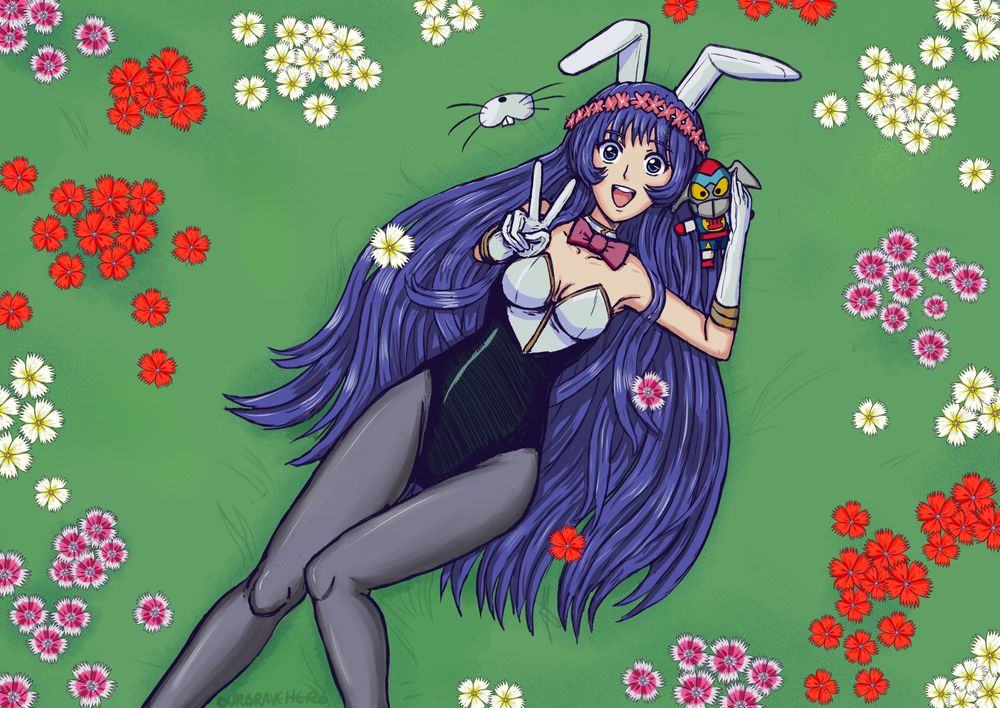 drawing of Yurika from Martian Successor Nadesico surrounded by nadeshiko flowers and her little co-pilot Geki
