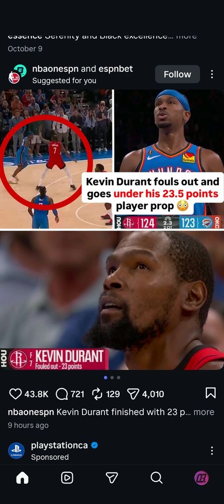 The official NBA on ESPN Instagram account pointing out KD fouling out, finishing the game under his prop bet for points. 
