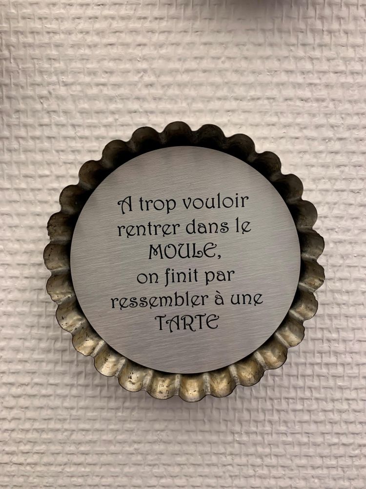 La photo représente un moule à tarte avec la citation suivante : "À force de vouloir rentrer dans le MOULE, on finit par ressembler à une TARTE".