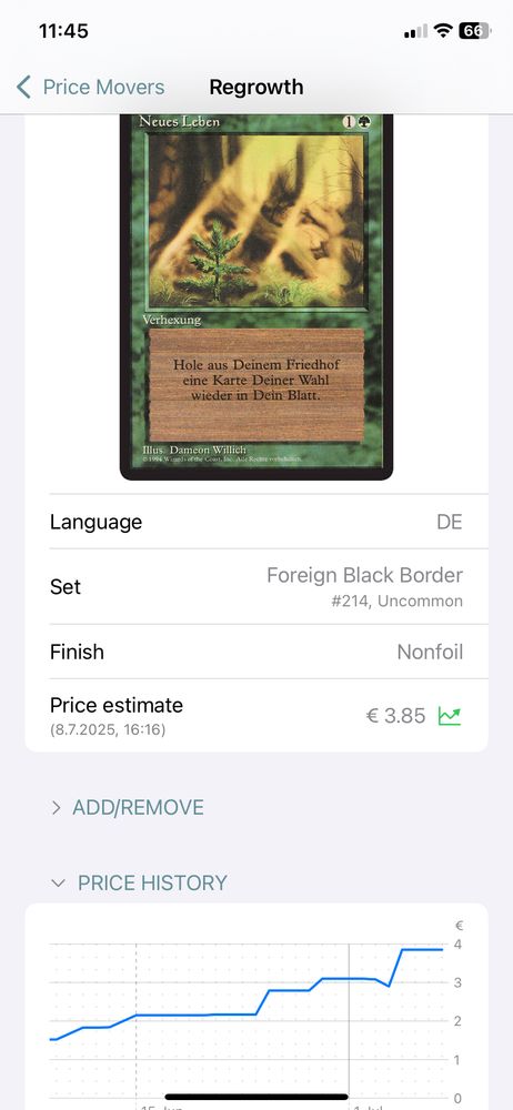 Leviathan 2.0 Screenshot: German black-bordered ‚Regrowth‘ with a chart showing its steady price increase.