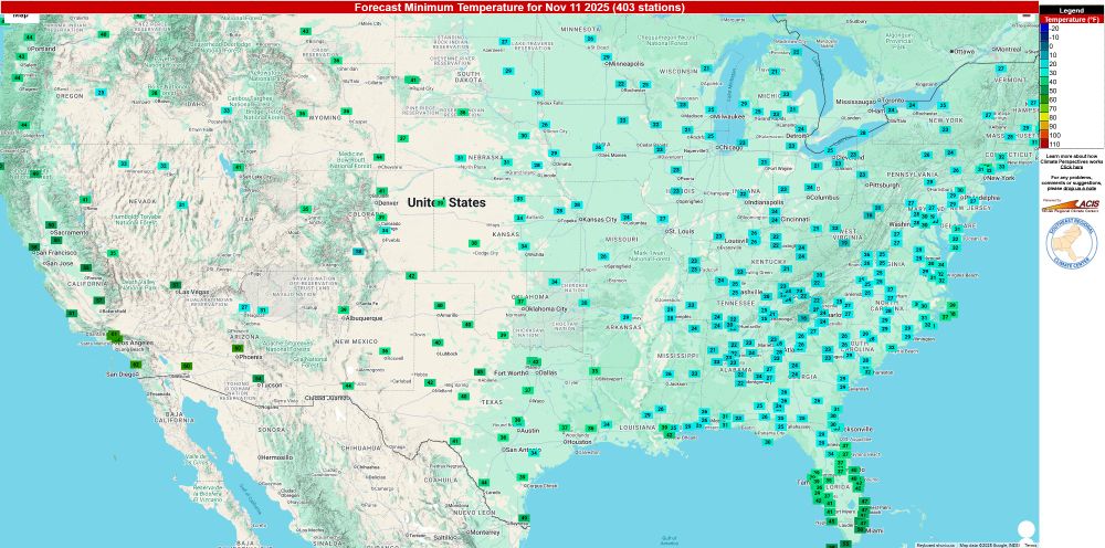 Map showing forecast minimum temperatures for Nov. 11, 2025, across the continental U.S. Blue and green shading shows widespread cold morning lows, with many areas in the 20s and 30s Fahrenheit. Source: NOAA Regional Climate Centers (ACIS).
