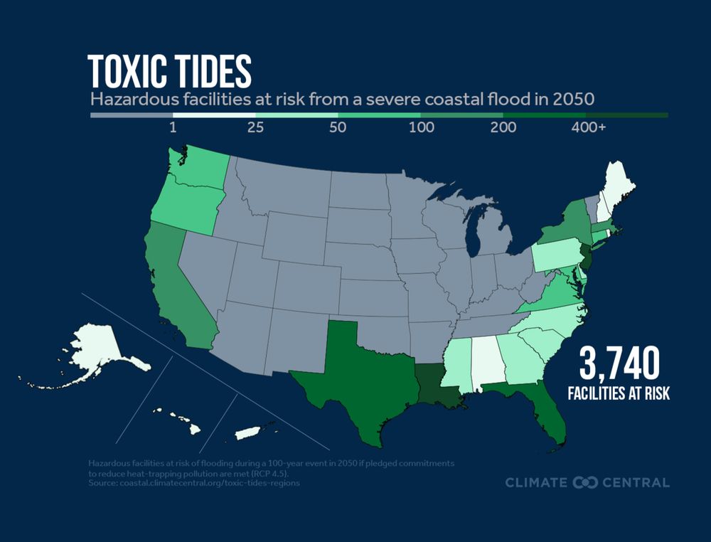 Map of United States with states colored in shades of green. Darker greens along gulf coast indicate higher number of facilities at risk from sea level rise by 2050.
