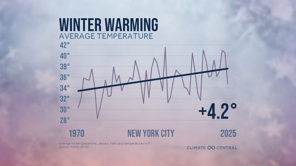 A series of line graphs shows rising winter temperatures (December–February) in five U.S. cities from 1970 to 2025.
Each chart includes a steady upward trend line, showing the clear warming of average winter temperatures over time. Source: NOAA (ACIS).