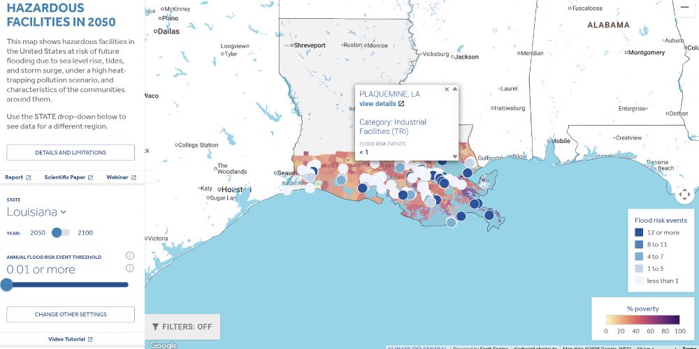 Interactive webpage showing facilities under risk of sea level rise in Louisiana by 2050. Red colors in background indicate percentage of population in poverty.  