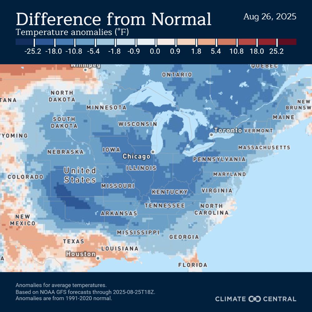 Map of the U.S. showing average temperature anomalies on August 26, 2025. Much of the Central and Eastern U.S. is shaded blue, indicating temperatures 5–15°F cooler than normal. Stronger cool anomalies appear in the Midwest and Mid-South. Warmer-than-normal areas in red and orange are seen along the West Coast, southern Texas, and parts of the Southwest