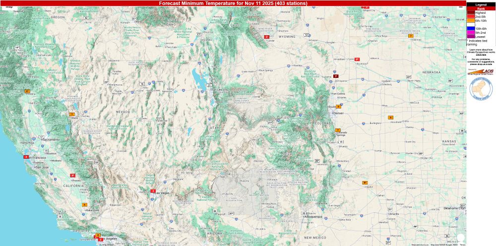 Map showing forecast minimum temperatures and record rankings for Nov. 11, 2025, across the western U.S. Red and orange boxes mark locations with record or near-record warm lows, including California, Nevada, and Colorado. Source: NOAA Regional Climate Centers (ACIS).