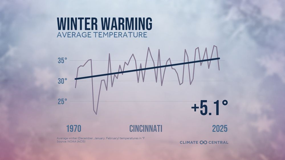 A series of line graphs shows rising winter temperatures (December–February) in five U.S. cities from 1970 to 2025.
Each chart includes a steady upward trend line, showing the clear warming of average winter temperatures over time. Source: NOAA (ACIS).
