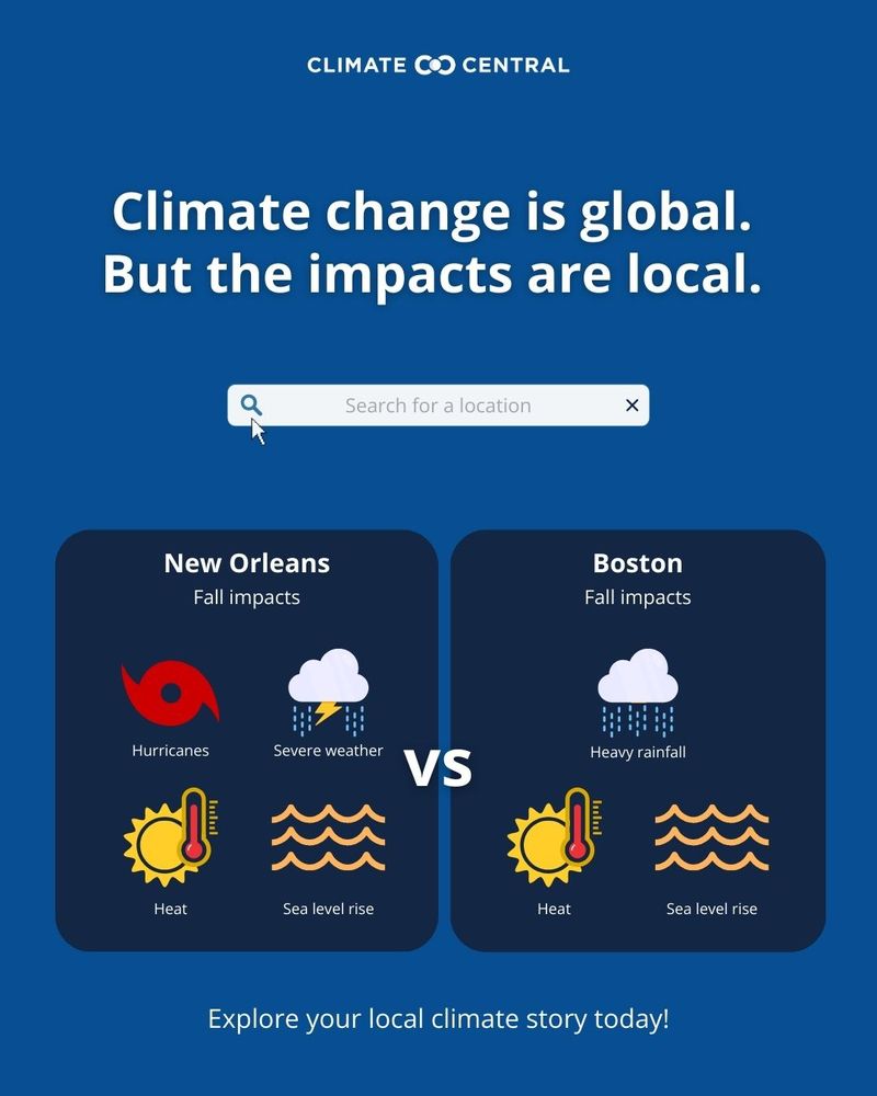 Title Climate change is global. But the impacts are local. White search bar underneath then two dark blue boxes side by side. One for New Orleans, the other for Boston. Each showing different fall impacts from climate change. Icons for heat, hurricanes, rainfall, sea level rise and severe weather are present.