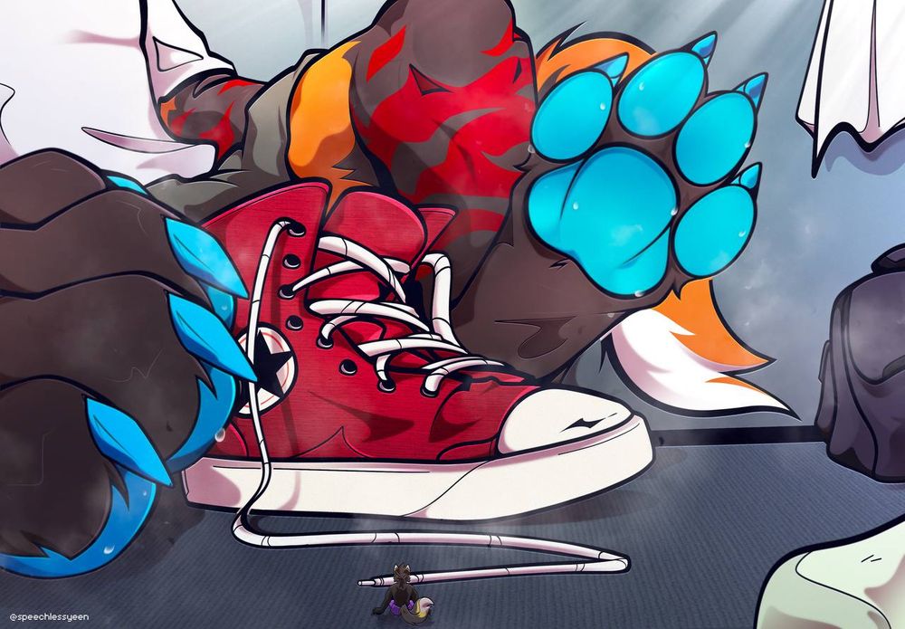 A macro striped hyena showing off his blue paw pads as they air out from his sweaty shoes. His micro wolf friend watches on from the floor.
